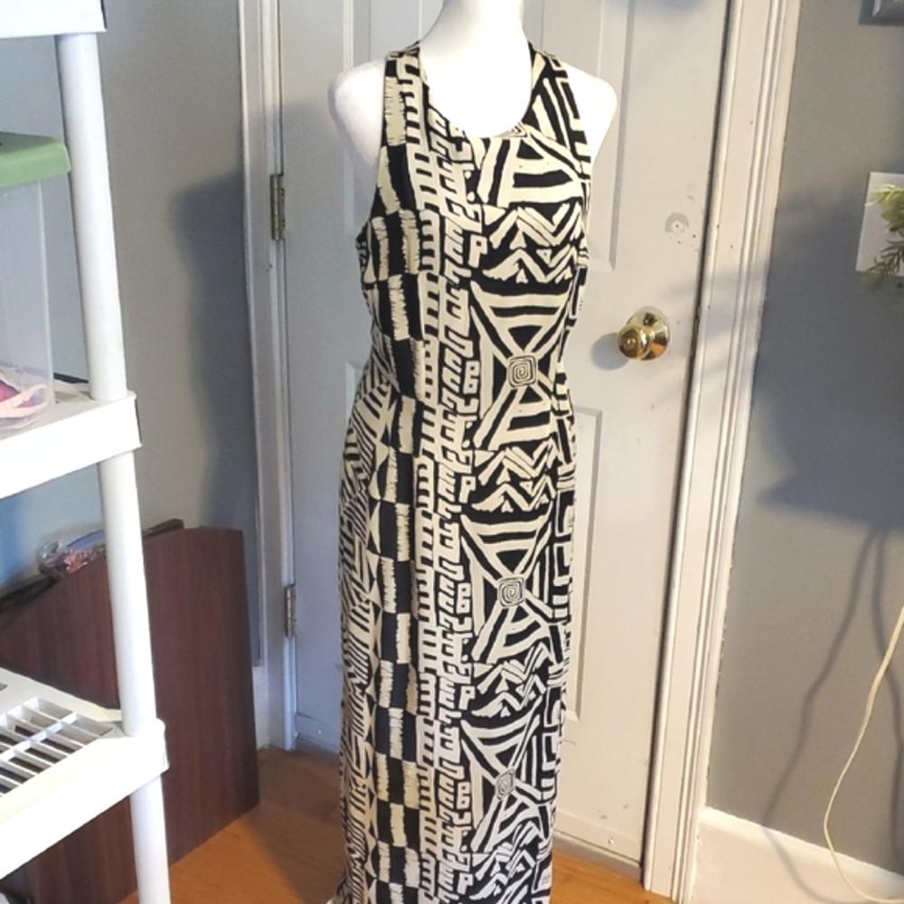 Donna Morgan 100% Silk Black and Tan Halter Maxi Sundress